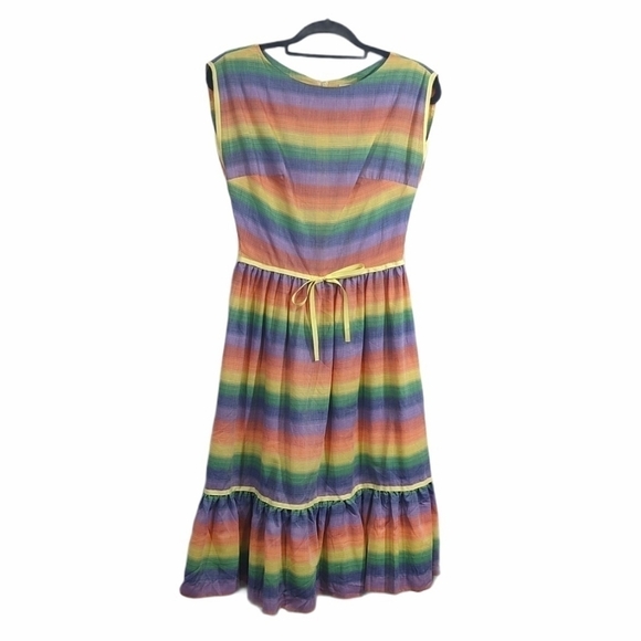 Vintage Pat Pnemo Rainbow Ribbon Ruffle Dress - Picture 1 of 6